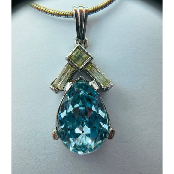 Vintage Estate Sterling Silver 925 Blue Topaz Pendant Necklace 17” Spring Ring, - Picture 7 of 10